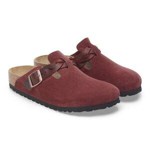 Birkenstock Shoes Boston Braided Zinfandel Suede Leather Clogs